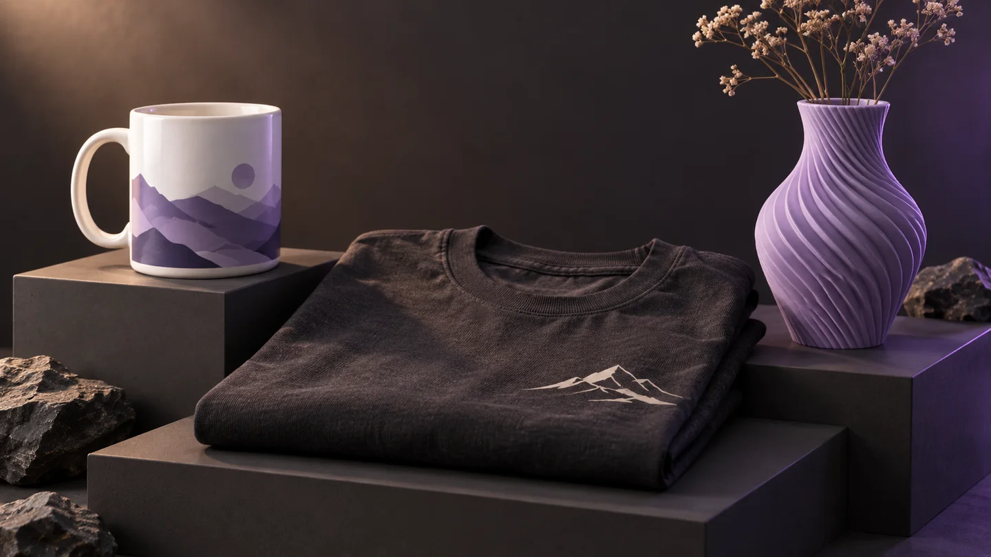 Illustrative custom mug, printed T-shirt and sculptural 3D vase arranged on charcoal plinths